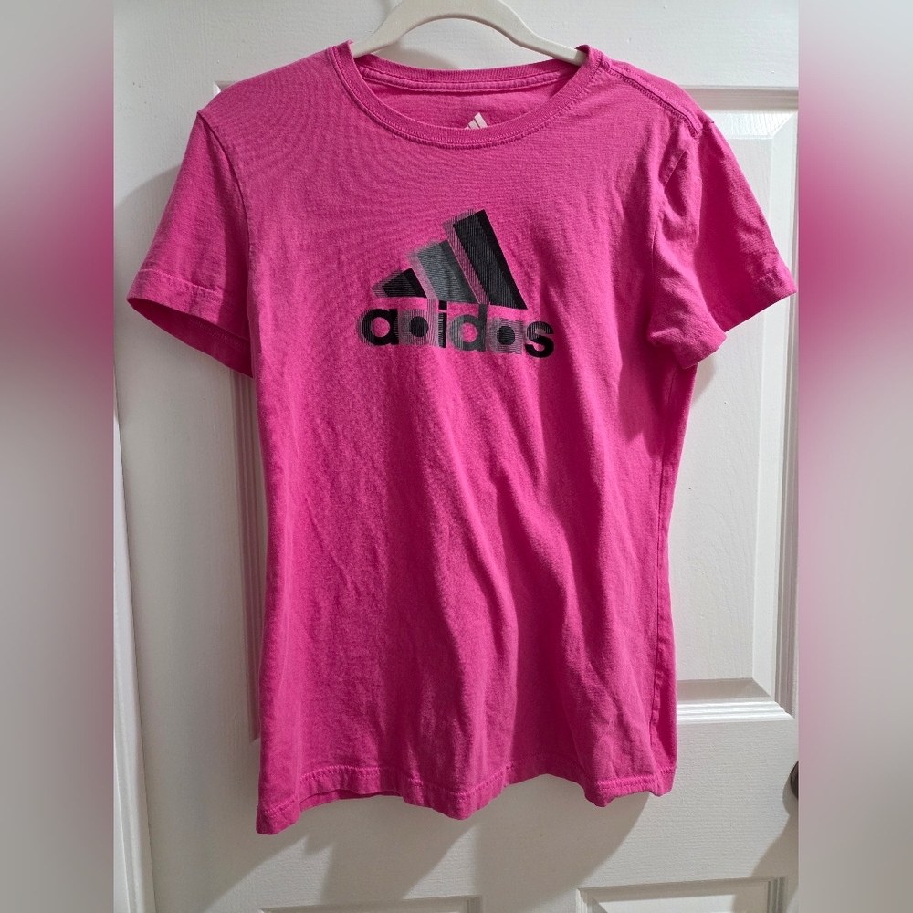 Adidas Vibrant Pink Short Sleeve Cotton Tee With Black Logo